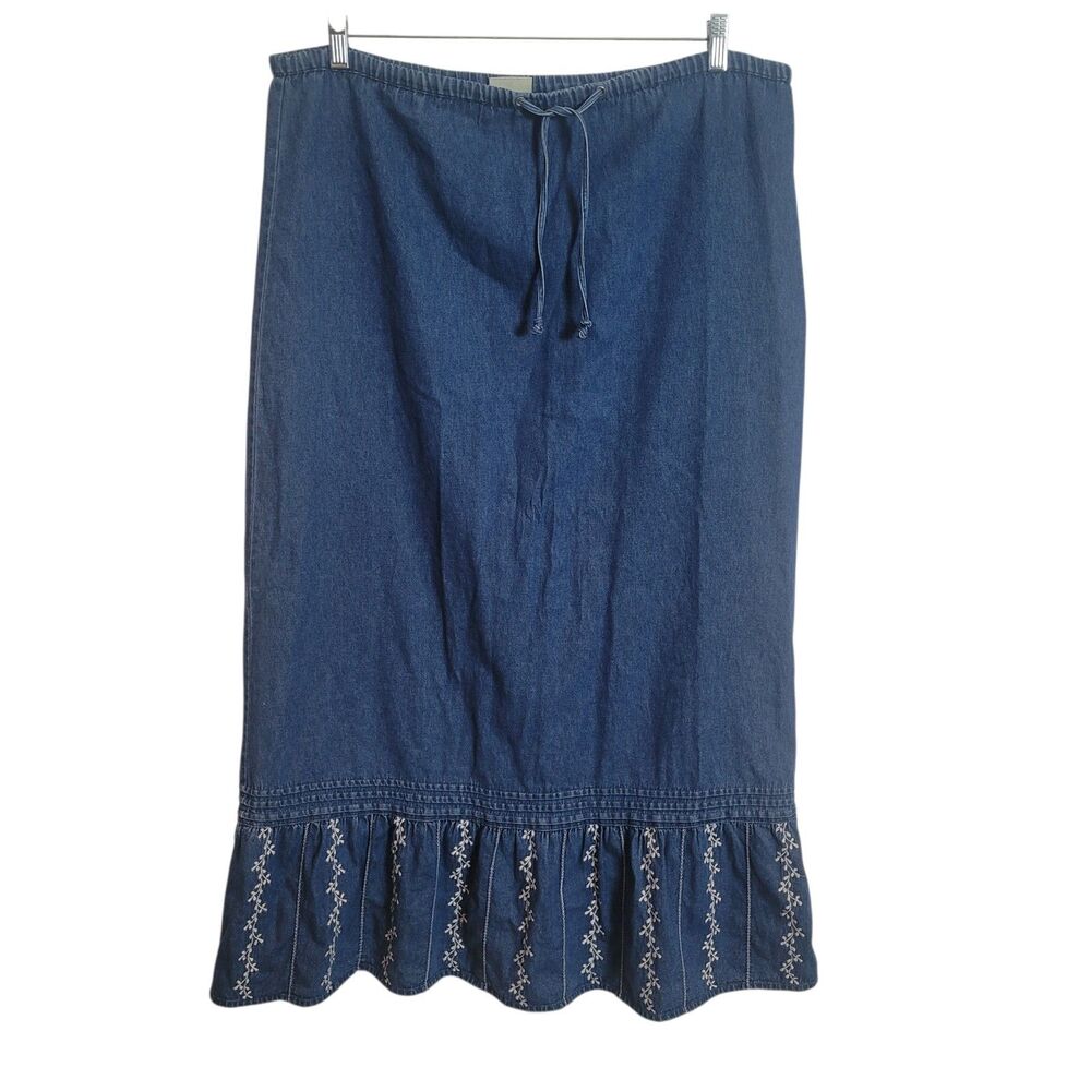 Y2K Denim Maxi Skirt Blue Floral Embroidered Tie Waist Women's Size Large Tall